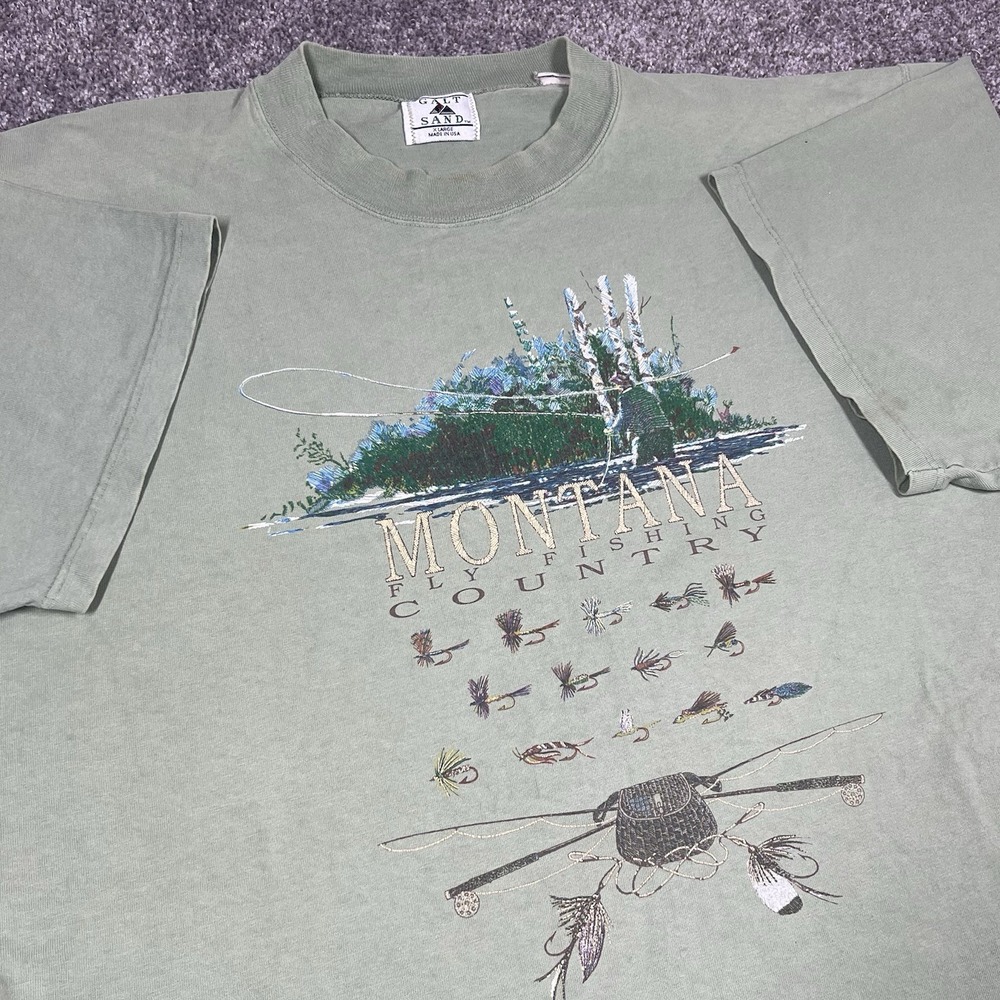 Vintage 90s Fly Fishing T Shirt Mens XL Faded Brown Made In USA Montana Nature